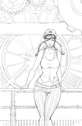 Steampunk Pin Up Girl Behind A Giant Clock Coloring Page